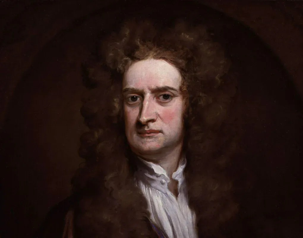 Godfrey Kneller's painted portrait of Isaac Newton, in a dark coat and white cravat with long curled hair.