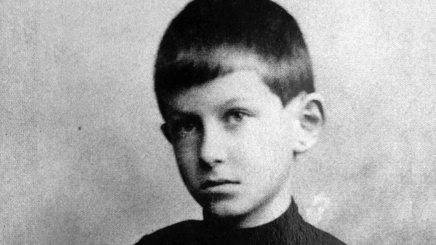 William James Sidis as a boy, a black and white head-and-shoulders portrait in a dark collared top.